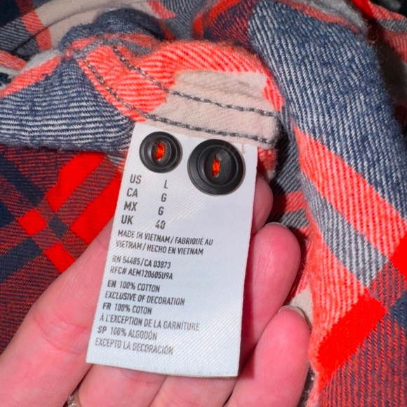 American Eagle Outfitters Flannel Casual Button Down Shirt Orange Navy S Large - Picture 5 of 5